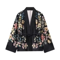 Floral print satin kimono wrap jacket with wide sleeves and belt in black finish - XS / Top (As Picture)