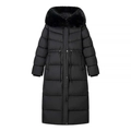 Cappotto invernale lungo nero da donna con cappuccio in pelliccia e coulisse - S / Nero