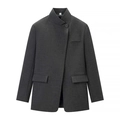 Detail of the high-quality grey plaid fabric and asymmetric single button on the stand collar blazer - S / Dark Gray
