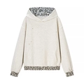 Oatmeal drawstring hoodie with leopard print patches and distressed ripped details - S / Oatmeal