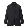 Detail of minimalist grey plaid suit jacket featuring unique asymmetrical collar button closure - S / Black