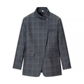 Vintage grey plaid suit jacket with mandarin collar and asymmetric button closure - S / Dark Gray Plaid Style (JJ07230526316)