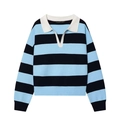Elegante suéter de punto para mujer con rayas azules y negras y cuello polo blanco - S / Rayas Azul Negro