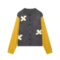 Cardigan grigio e giallo a blocchi di colore con toppe floreali bianche e bottoni - S / Patchwork Giallo e Grigio