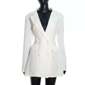 Elegantes weißes langärmliges zweireihiges Blazerkleid mit schmaler Passform und Revers - S / Weiß
