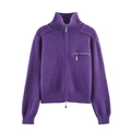 Cárdigan de punto morado oscuro con cremallera, cuello alto y detalles de punto acanalado - Morado