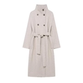 Elegante abrigo de lana color avena con doble botonadura y cinturón de lazo - XS / Blanco Roto