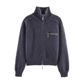 Dark grey soft knit cardigan with a double zipper and high collar stand on white background - Dark Gray