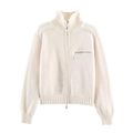 Vista de detalle de la chaqueta de punto crema con doble cremallera y cuello de canalé - Blanco