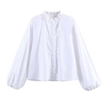 Minimalist white ruffled stand collar long sleeve blouse with elegant lantern sleeves - XS / White