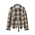 Camisa retro de cuadros marrones con dobladillo asimétrico y lazo en la espalda - S / Cuadros Marrón Café
