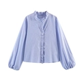 Blue striped ruffle shirt for women with lantern sleeves and textured corduroy fabric - XS / Blue Stripe