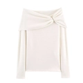 Elegante suéter de punto crema con hombros descubiertos y detalle de hebilla metálica - S / Blanco Roto