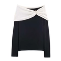 Elegante suéter negro de punto con cuello barco blanco y detalle de broche dorado - S / Patchwork Blanco y Negro
