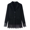Chaqueta blazer negra para mujer con encaje en puños y dobladillo, cierre de dos botones - S / Negro