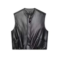 Matte schwarze Lederweste für Damen mit Rundhalsausschnitt und großen Utility-Taschen - XS / Schwarz