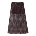 Elegant high-waisted wine red A-line mesh skirt with shimmering sequins and inner lining - S / Coffee