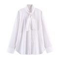 Camisa clásica de manga larga a rayas blancas para mujer con elegante lazo en el cuello - XS / Rayas Blancas