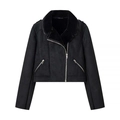 Damen Bikerjacke aus schwarzem Wildlederimitat mit Kunstfellkragen und Metallreißverschluss - XS / Schwarz