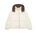 Detail view of cream hooded puffer jacket featuring contrasting brown lining and zipper - S / Off White