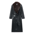 Women's black faux leather trench coat with a detachable dark brown faux fur collar - XS / Black