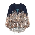 Marineblaue Chiffonbluse im Boho-Stil mit Paisley-Muster, V-Ausschnitt und Laternenärmeln - XS / Marineblau