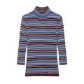 Eng anliegender Rollkragen-Strickpullover mit blau-weiß-burgunderroten Querstreifen - S / Blau und Braun