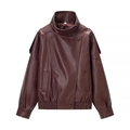 Deep burgundy faux leather bomber jacket with high collar and asymmetrical button closure - S / Burgundy