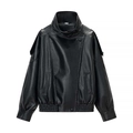 Vintage black faux leather bomber jacket with a high collar and asymmetric snap closure - S / Black