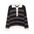 Retro striped polo knit sweater with long sleeves in black, white, and brown patterns - S / As Shown