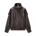 Vintage dark brown faux leather bomber jacket with stand collar and textured finish - S / Coffee