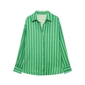 Camicia a maniche lunghe da donna con righe verticali verdi e bianche e colletto classico - S / Verde