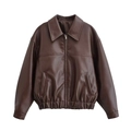 Brown vintage loose-fit faux leather jacket with metal zipper and elastic waist - XS / Dark Brown