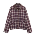 Klassische karierte Jacke mit Reißverschluss, Lederkragen und Rippsaum im Vintage-Stil - XS / Karierter Crop Top
