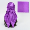 Purple satin square headscarf with silky finish shown on model and flat layout - Purple