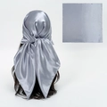 Silver gray satin square scarf 90cm shown tied on hair with a glossy silk texture finish - Gray
