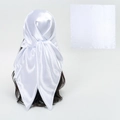 Elegant white satin square scarf headwrap with a silky finish shown on wavy dark hair - White