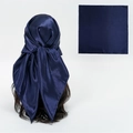 Navy blue satin silk square scarf with glossy finish shown on hair and flat view - Navy Blue