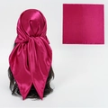 Glossy rose red satin square headscarf 90cm shown on model and flat layout - Magenta