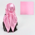 Silky pink satin square scarf for hair or neck shown in flat and wearing view - Pink