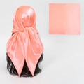 Coral orange satin silk square scarf 90cm shown as headwrap and flat display - Peach Pink