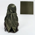 Deep green satin silk square scarf 90cm shown as a stylish headwrap for women - Olive Green