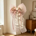 Pink and white layered organza hair bow clip with romantic long ribbon for girls - Tulle Edged Bow / Peach Blossom Pink