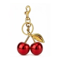 Glossy red cherry keychain with gold leaves and metallic lobster clasp on white background - Gold-plated Red Cherry 32mm