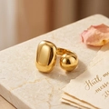 Polished 18K gold plated stainless steel open ring with geometric sphere and rectangle - One Size / 18K Gold