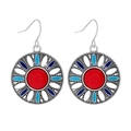 Close-up of vintage round earrings with red gemstone and colorful enamel details - Hollow Geometric / Antique Silver Red