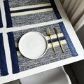 Navy blue and cream striped woven paper placemat with textured fringe edges - Navy Blue Striped Woven with Tassels