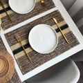 Rectangle woven table mat with brown, beige and black stripes for dining decor - Coffee Striped Woven