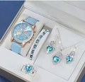Detailed view of a six-piece light blue watch and jewelry set in a gift box display - Watch, Necklace, Earrings, Ring and Bracelet Set (Blue, No Box)
