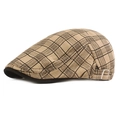 Plaid newsboy flat cap for men in light brown check with adjustable metal side buckle - Adjustable / Beige Plaid